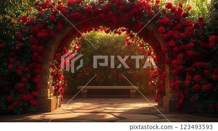 Garden arch full of red flowers 123493593