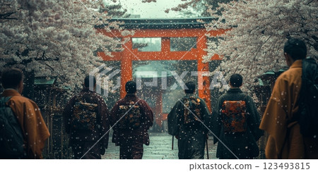 Monks walking towards a torii gate during sakura season in japan 123493815