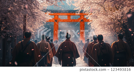 Japanese men walking toward a temple gate under blooming cherry blossoms 123493816