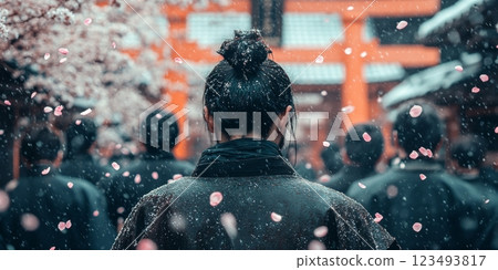Woman walking in a park with falling sakura petals in japan 123493817