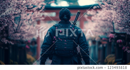 Modern samurai walking in a cherry blossom park in japan 123493818