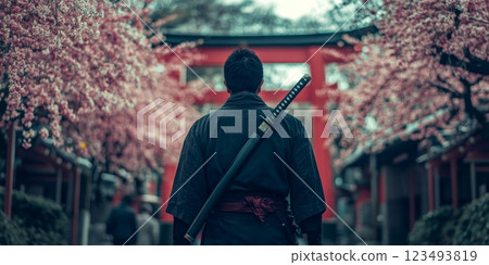 Samurai walking away in a cherry blossom park in japan 123493819