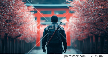 Modern day samurai walking towards japanese shrine during cherry blossom season 123493820