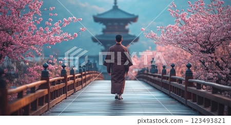 Japanese man walking on bridge with sakura in bloom and pagoda in background Japanese man walking on bridge with sakura in bloom and pagoda in background 123493821