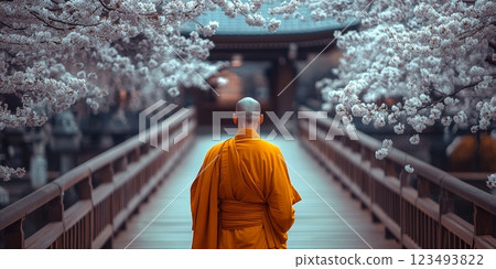 Buddhist monk walking on bridge with sakura in bloom in japan 123493822