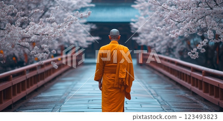 Buddhist monk walking in a japanese temple during cherry blossom season Buddhist monk walking in a japanese temple during cherry blossom season 123493823