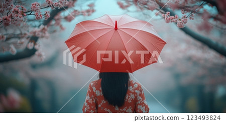 Woman with red umbrella enjoying cherry blossom season in japan 123493824