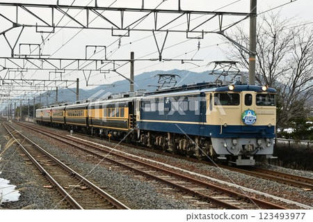 The last JNR type European-style passenger car, Salon Car Naniwa, passing Takatsuki Station on the Hokuriku Main Line 123493977
