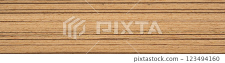 Teak veneer with its natural horizontal stripes in earthy beige and tan offers a serene and classic look Teak veneer with its natural horizontal stripes in earthy beige and tan offers a serene and classic look 123494160
