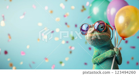lizard with glasses and balloons on a blue background lizard with glasses and balloons on a blue background 123494260