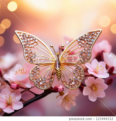 Cherry blossom and butterfly hairpin – delicate gold accessory 123494312