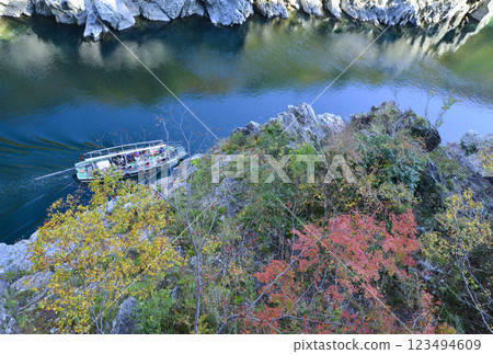 Sightseeing through Oboke Gorge with its autumn leaves and strangely shaped rocks 123494609