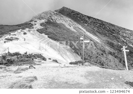 攀登日本百座名山，從赤灣岬望去的八岳、硫黃山，用於報紙廣告 123494674