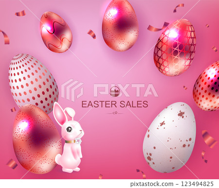Easter red illustration with cute pink bunny and eggs Easter red illustration with cute pink bunny and eggs 123494825