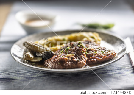 Inverted Beef Schnitzel with Mashed Potatoes and Pickled Cucumbers. Traditional Czech and Slovak Food 123494828