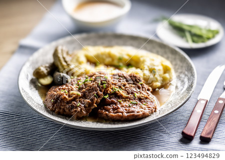 Inverted Beef Schnitzel with Mashed Potatoes and Pickled Cucumbers. Traditional Czech and Slovak Food Inverted Beef Schnitzel with Mashed Potatoes and Pickled Cucumbers. Traditional Czech and Slovak Food 123494829