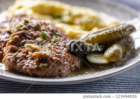 Inverted Beef Schnitzel with Mashed Potatoes and Pickled Cucumbers. Traditional Czech and Slovak Food 123494830