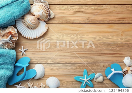 Different seashells with towels and flip flops on brown wooden table 123494896