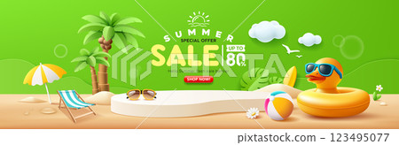 Summer sale podium, Duck yellow shaped inflatable ring, coconut tree, banner design, on sand beach 123495077