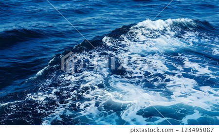 A High-Resolution Close-Up Texture of Ocean Wave Foam, White Frothy Bubbles Swirling on Deep Blue Water, Dynamic Motion A High-Resolution Close-Up Texture of Ocean Wave Foam, White Frothy Bubbles Swirling on Deep Blue Water, Dynamic Motion 123495087