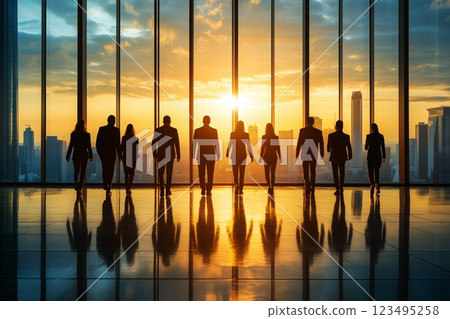Silhouettes of a business team walking into the sunset in an office 123495258
