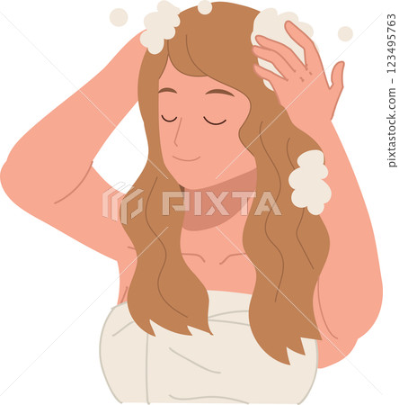 hair care and beauty concept. woman washing hair with foamy shampoo in refreshing shower hair care hygiene and wellness 123495763