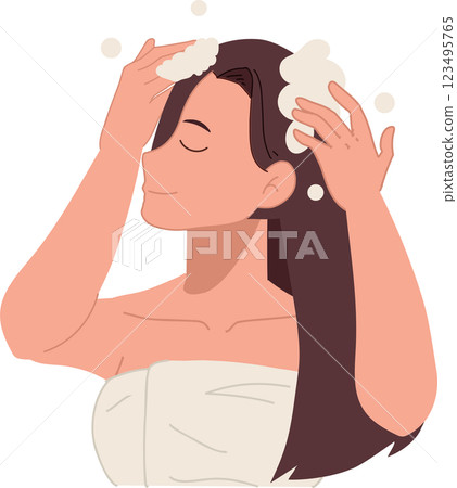 hair care and beauty concept. woman washing hair with foamy shampoo in refreshing shower hair care hygiene and wellness 123495765