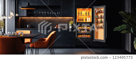 Stylish black kitchen with vibrant orange chairs and open refrigerator 123495773