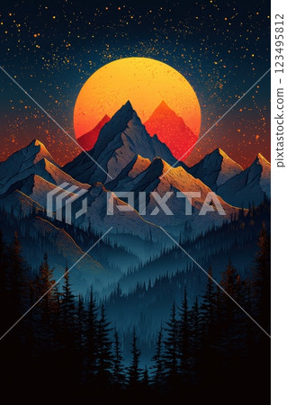 Vibrant mountain landscape with glowing sun and starry sky 123495812