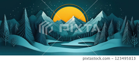 Three-dimensional geometric badge design with mountains and moon 123495813