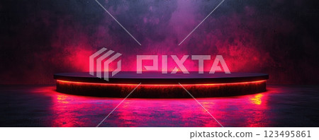 Futuristic podium with glowing red light on black background Futuristic podium with glowing red light on black background 123495861