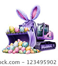 Festive purple Easter excavator with bunny ears and a bucket full of colorful eggs, perfect for holiday-themed designs and construction enthusiasts. 123495902