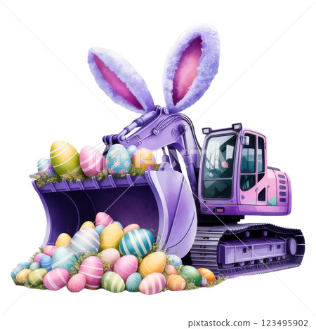 Festive purple Easter excavator with bunny ears and a bucket full of colorful eggs, perfect for holiday-themed designs and construction enthusiasts. Festive purple Easter excavator with bunny ears and a bucket full of colorful eggs, perfect for holiday-themed designs and construction enthusiasts. 123495902