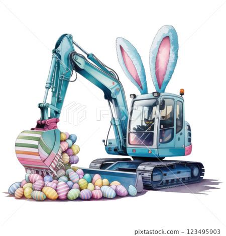 Festive Blue Easter excavator with bunny ears and a bucket full of colorful eggs, perfect for holiday-themed designs and construction enthusiasts. Festive Blue Easter excavator with bunny ears and a bucket full of colorful eggs, perfect for holiday-themed designs and construction enthusiasts. 123495903