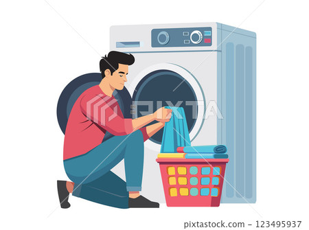 Illustration of a man putting laundry into the washing machine. blank background 123495937