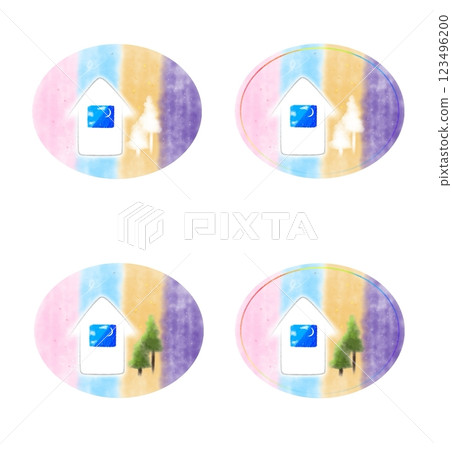 Simple house icon illustration set Spring, summer, autumn and winter, whole house air conditioning 123496200