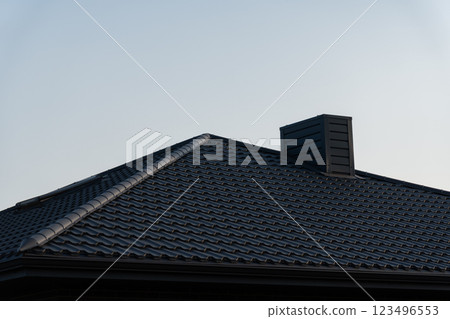 The roof of a modern house features sleek black metal tiles, highlighting contemporary construction techniques and materials under a clear blue sky 123496553