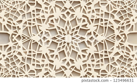 Intricate Creme White Islamic Mashrabiya Pattern Background 3d with Seamless Latticework and Geometric Precision for Decorative Designs 123496631