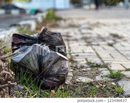 A discarded black plastic bag is resting on the ground, overflowing with trash, adjacent to a brick walkway in a public space. The area shows signs of neglect A discarded black plastic bag is resting on the ground, overflowing with trash, adjacent to a brick walkway in a public space. The area shows signs of neglect 123496637