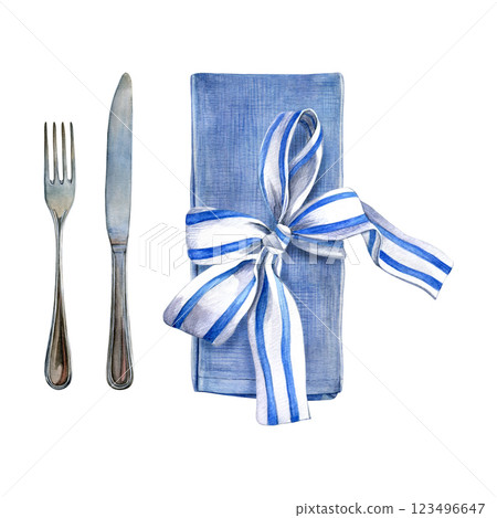 Table setting. Watercolor illustration of blue napkin, ribbon with strikes tied in a bow and cutlery. Good for postcards, recipes, menu, invitations, greeting cards. Table setting. Watercolor illustration of blue napkin, ribbon with strikes tied in a bow and cutlery. Good for postcards, recipes, menu, invitations, greeting cards. 123496647