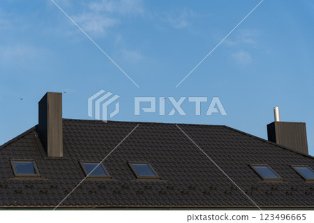 A contemporary home features a sleek black metal tile roof with multiple skylights, set against a bright blue sky, showcasing modern architectural design A contemporary home features a sleek black metal tile roof with multiple skylights, set against a bright blue sky, showcasing modern architectural design 123496665