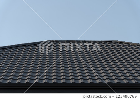 The roof showcases a seamless arrangement of metallic tiles glistening under the clear blue sky, emphasizing elegance and durability in modern architecture 123496769