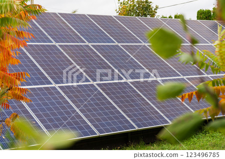 Solar panels are installed on a rooftop, effectively capturing sunlight to generate electricity. The clear blue sky enhances the efficiency of this renewable energy source 123496785