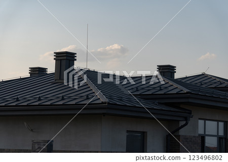 This rooftop features sleek metal tiles and multiple chimneys, emphasizing a modern architectural style. The backdrop includes a calming evening sky, enhancing the aesthetic appeal 123496802
