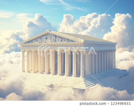 在晴朗的日子裡,雲層之上的希臘神殿入口 在晴朗的日子裡,雲層之上的希臘神殿入口 123496931