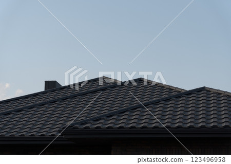The house features a sleek, contemporary design highlighted by its metal tile roof, capturing the serene ambiance of a sunny day in the neighborhood 123496958