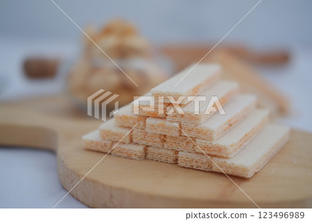 Stack of Crispy Wafer Biscuits with Creamy Filling 123496989
