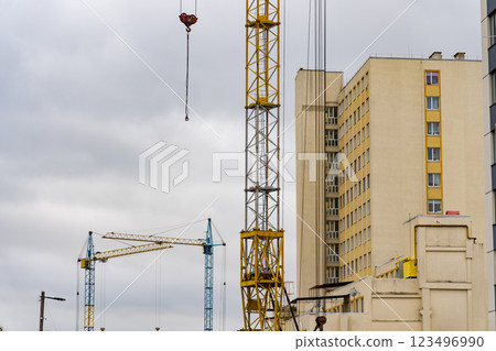 Workers actively engage in construction activities surrounded by towering cranes against a backdrop of a gray sky, epitomizing urban development in progress Workers actively engage in construction activities surrounded by towering cranes against a backdrop of a gray sky, epitomizing urban development in progress 123496990