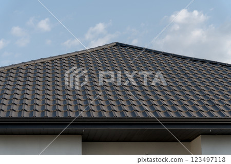 The stylish roof crafted with intricate tiles reflects light beautifully under the expansive blue sky, enhancing the home's contemporary appeal and character 123497118