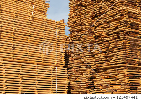 A boards in an industrial sawmill. Wood timber construction material. Heavy industry 123497441